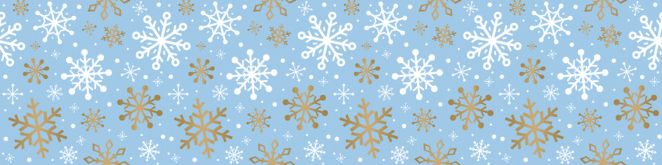 Seamless pattern with golden snowflakes. Christmas wrapping paper concept. Panoramic header. Vector illustration