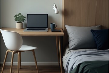 Work remotely bedroom setup with laptop generative ai 