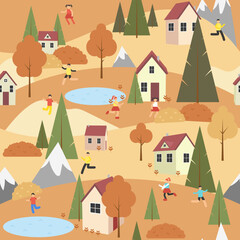 Obraz na płótnie Canvas Seamless pattern vacation in the Countryside. Autumn season outdoor landscape yellow grass cozy houses, people and lakes. Children playing. Harvest and gardening. Vector illustration.