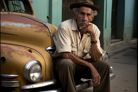 an old man wearing a hat sitting on an old rusted yellow classic car front bumper  generative ai artwork