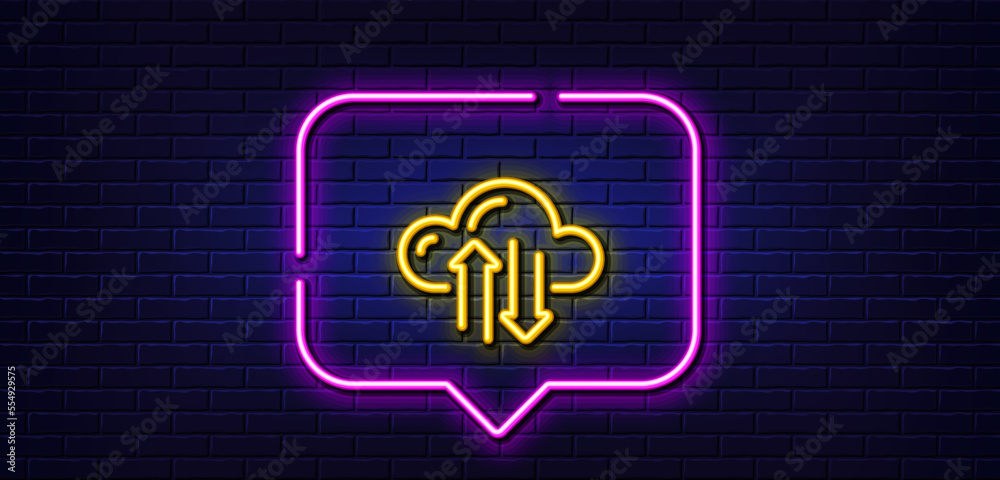 Poster neon light speech bubble. cloud computing sync line icon. internet data storage sign. file hosting t