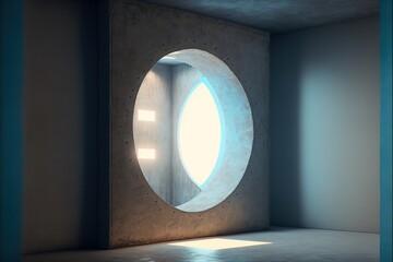 Fototapeta na wymiar Empty Concrete Room With circular window Shining Light Generative AI