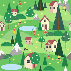 Seamless pattern vacation in the Countryside. Spring season outdoor landscape green grass cozy houses, people and blooming trees. Children playing. Flowers and gardening. Vector illustration.