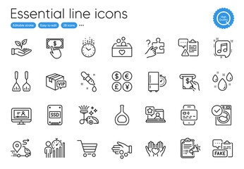 Chemistry pipette, Money currency and Rainy weather line icons. Collection of Ssd, Clipboard, Washing machine icons. Refrigerator timer, Business statistics, Donation money web elements. Vector
