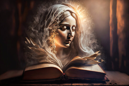 The Virgin Mary stands in a historical place, overlooking an open bible. An inspiring image to mark the deep connection between faith and the Christian religion.