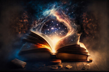 Obraz premium Fantastic image of an ancient astronomy book placed in front of stars and a nebula. A magical scene where we can imagine ourselves discovering unexplored worlds.