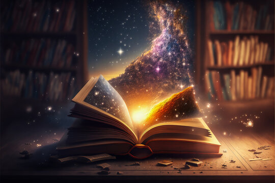Fantastic image of a mystical book resting in front of the sparkling universe and its nebulae. A magical scene that calls for the exploration of space and magic.