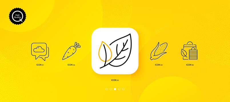 Weather forecast, Corn and Leaf minimal line icons. Yellow abstract background. Bio shopping, Carrot icons. For web, application, printing. Cloudy, Fresh vegetable, Ecology. Leaf. Vector