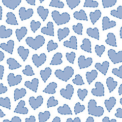Seamless pattern with hearts surrounded by a dotted line, imitation of drawing with blue ink or pen. Design elements for wedding or Valentine. Vector illustration in flat style on a white background.
