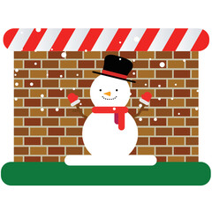 a snowman in front of a snowy fence
- 554931790