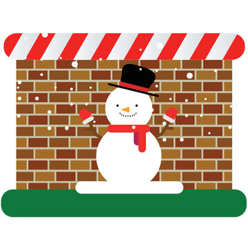 a snowman in front of a snowy fence
