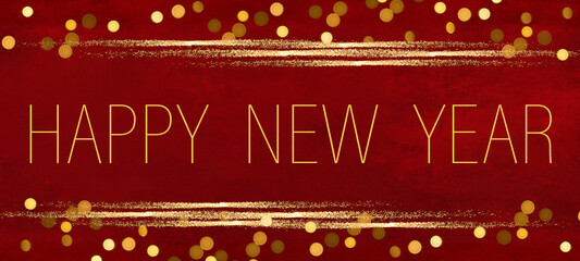 2024 Happy New Year holiday Greeting Card banner illustration - Golden glitter stripes and text on red background