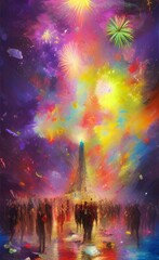 People celebrate New Year. A festive theme for the celebration. Bright vivid image with colorful background. AI-generated image, digital painting, vertical format.