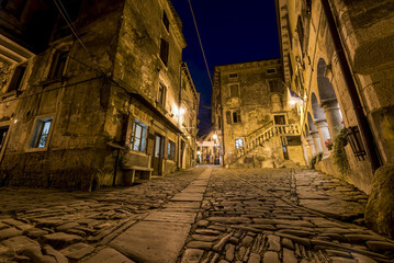 The picturesque Medieval town given over to artists known as Groznjan at night; Groznjan, Istria, Croatia