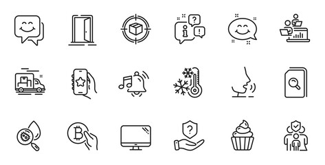 Outline set of Water analysis, Alarm sound and Parcel tracking line icons for web application. Talk, information, delivery truck outline icon. Include Bitcoin pay, Open door, Freezing icons. Vector