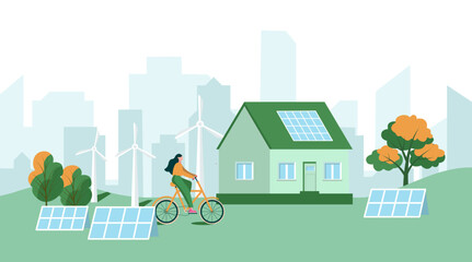Modern Eco Private House with Windmills and Solar Energy Panels. Green energy and eco friendly transportation. Flat Isometric Vector Illustration and Icon.  Sustainable economic growth with renewable 