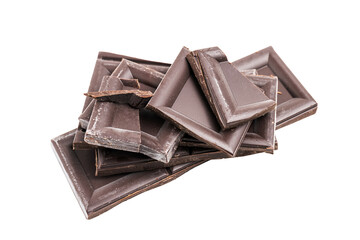 Dark chocolate pieces, cubes on a heap, broken chocolate isolated on white background
