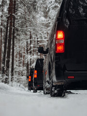 A Group of vans goes expedition at the snow forest