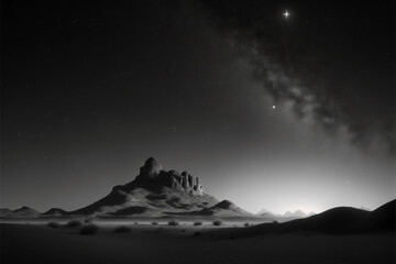 Desert landscape at night with a starry sky
