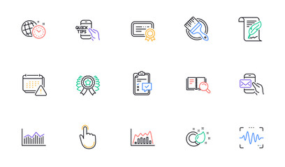 Certificate, Time management and Hand click line icons for website, printing. Collection of Notification, Paint brush, Infographic graph icons. Money diagram, Education. Vector