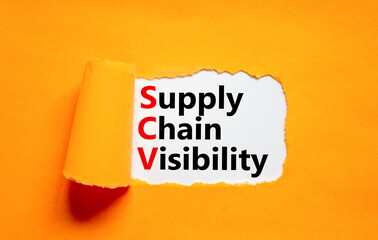 SCV supply chain visibility symbol. Concept words SCV supply chain visibility on white paper on a beautiful orange background. Business SCV supply chain visibility concept. Copy space. - obrazy, fototapety, plakaty