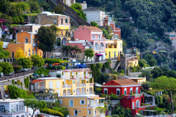 Fototapeta premium Touristic Town, Positano, on Rocky Cliffs and Mountain Landscape by the Tyrrhenian Sea. Amalfi Coast, Italy.