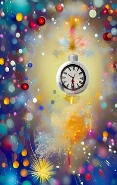 Happy New Year background. A festive theme for celebration with fireworks. Bright vivid image with colorful background. AI-generated image, digital painting, vertical format.
