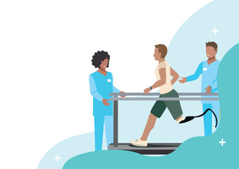 A man with a prosthetic leg undergoes rehabilitation at a medical center. A man after an amputation, together with a doctor, learns to run on a prosthetic leg. Vector illustration