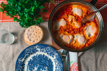Top view of a cooking pan with shakshuka and a ladle, empty plate, fresh parsley and gluten free bread