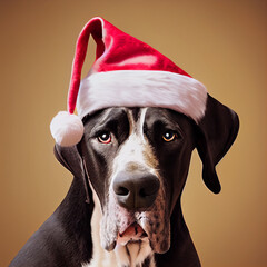Cute Great Dane with Santa Hat on a Brown Background ((Generative AI)
