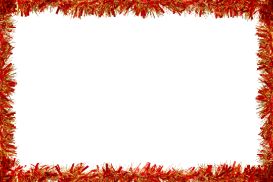 Red and golden tinsel frame isolated png with transparency with copy space. Christmas template and background