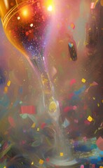 Happy New Year! A festive theme for celebration with fireworks and champagne. Bright vivid image with colorful background. AI-generated image, digital painting, vertical format.