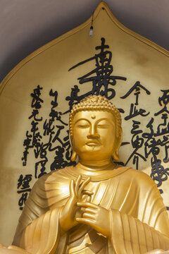 Close-up detail of the golden Buddha at the World Peace Pagoda on a sunny, autumn day in Pokhara; Kaski District, Nepal