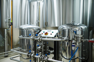 Brewery equipment. Round storage tanks for beer fermentation and maturation