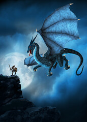 Illustration of Dragon and a Warrior on blue background with full moon and rocky mountain