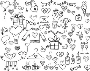 set of hearts, valentine's day doodle sketch ,outline on white background isolated vector