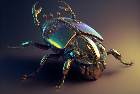 Illustration Of An Ancient Artifact In The Form Of An Iridescent Shelled Beetle Insect, Dynamic Perspective With A Realistic Appearance