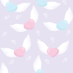 White and blue hearts with wings, delicate seamless pattern in watercolor tones