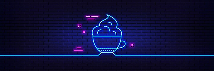 Neon light glow effect. Cappuccino coffee with Whipped cream icon. Hot drink sign. Beverage symbol. 3d line neon glow icon. Brick wall banner. Cappuccino cream outline. Vector