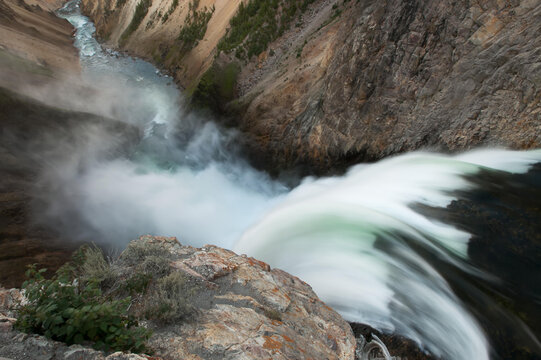 Water rushes over the edge of Lower Yellowstone Falls.; Yellowstone National Park, Wyoming