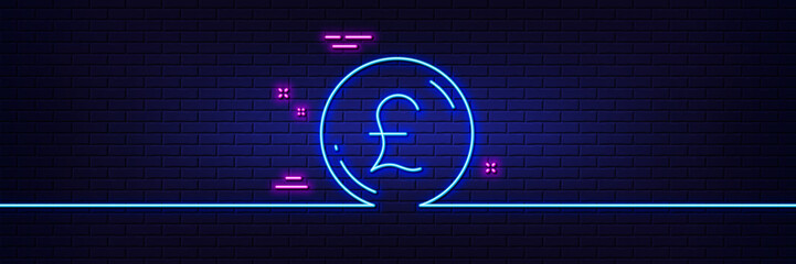 Neon light glow effect. Pound money line icon. Gbp currency sign. Cash coin symbol. 3d line neon glow icon. Brick wall banner. Pound money outline. Vector