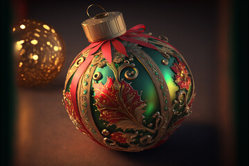 close up of Christmas ball ornament with  intricate, hand-painted design, golden ribbon,background.generative ai
