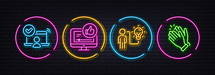 Like video, Business idea and Online access minimal line icons. Neon laser 3d lights. Clapping hands icons. For web, application, printing. Thumbs up, Work planning, Approved user. Clap. Vector