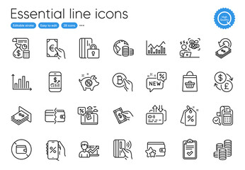 Atm money, Cashback and Bitcoin pay line icons. Collection of Pay money, Difficult stress, Diagram graph icons. Discount tags, Accounting, Payment methods web elements. Outline atm money icon. Vector