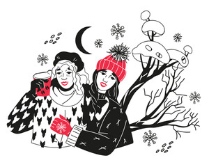 Winter Christmas greeting card or banner design element with women or young girls having fun in cold snowy weather, black and white hand drawn vector illustration isolated on white background.