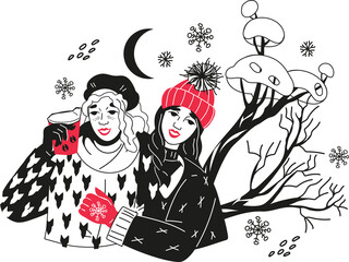 Winter Christmas greeting card or banner design element with women or young girls having fun in cold snowy weather, black and white.