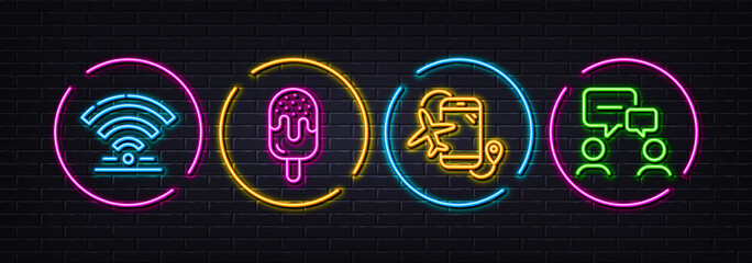 Naklejka premium Wifi, Flights application and Ice cream minimal line icons. Neon laser 3d lights. People chatting icons. For web, application, printing. Wireless internet, Airport app, Frozen dessert. Vector