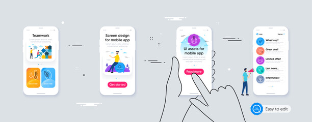 Set of No sun, Local grown and Dont handshake line icons. Phone ui interface. Include Dermatologically tested, Organic product, Low thermometer icons. Vector