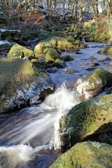 Stream flowing down a valley in winter, Derbyshire England
