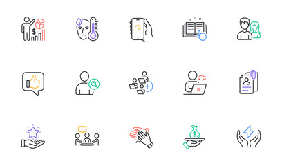 Clapping hands, Ask question and Safe energy line icons for website, printing. Collection of Seo statistics, People chatting, Fever icons. Like, Loan, Loyalty program web elements. Vector
